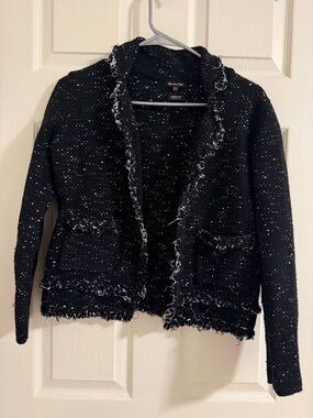 Massimo Dutti Black Bouclé Open-Front Cardigan with Fringe Trim